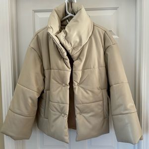 Cream Faux Leather Puffy Coat. Medium